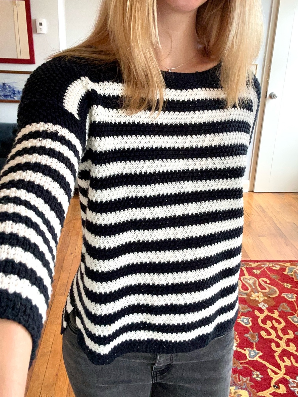 Workshop Republic Clothing Black and White Striped 3/4 Sleeve Crewneck Sweater